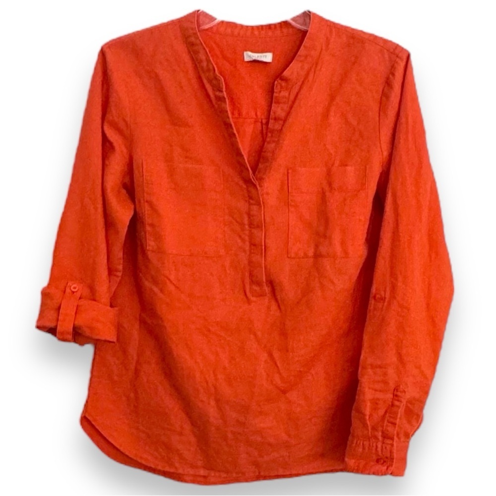 Talbots Size Small Orange 100% Linen Long Sleeve w/Roll Tabs  1/2 Button Tunic